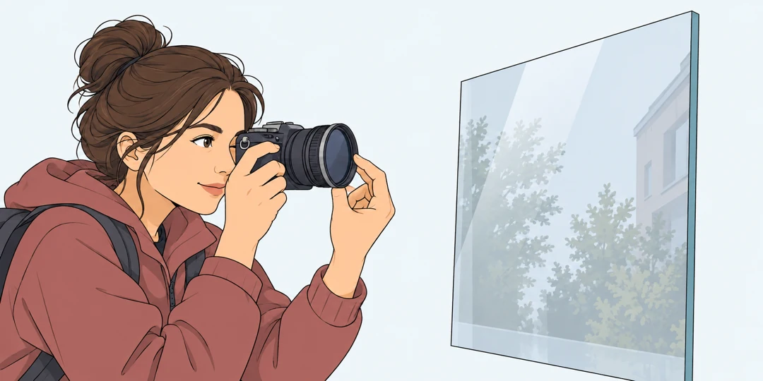 Фотограф поворачивает поляризационный фильтр перед бликующим стеклом