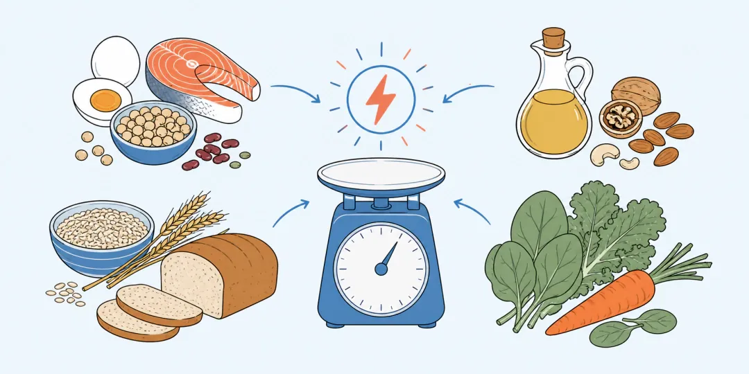 Белковые продукты, жиры, злаки и овощи вокруг кухонных весов