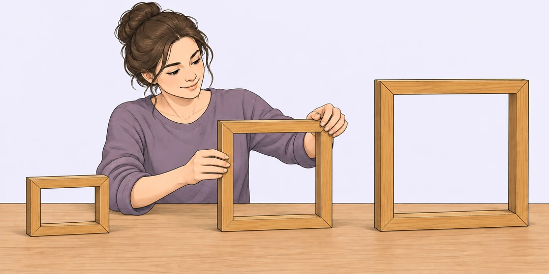 Мастерица подбирает среднюю деревянную рамку между маленькой и большой
