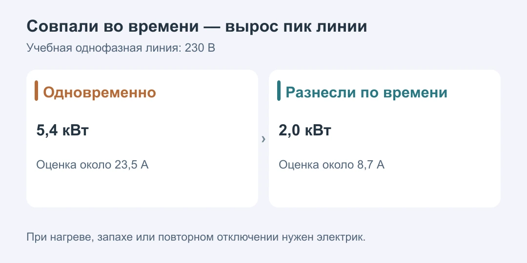 При одновременной работе нескольких приборов учебная нагрузка линии 5,4 киловатта соответствует примерно 23,5 ампера при 230 вольтах; разнесение по времени снижает пиковую нагрузку до 2 киловатт и 8,7 ампера
