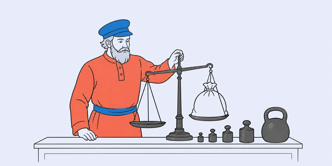 Купец взвешивает мешок на весах рядом с русскими гирями