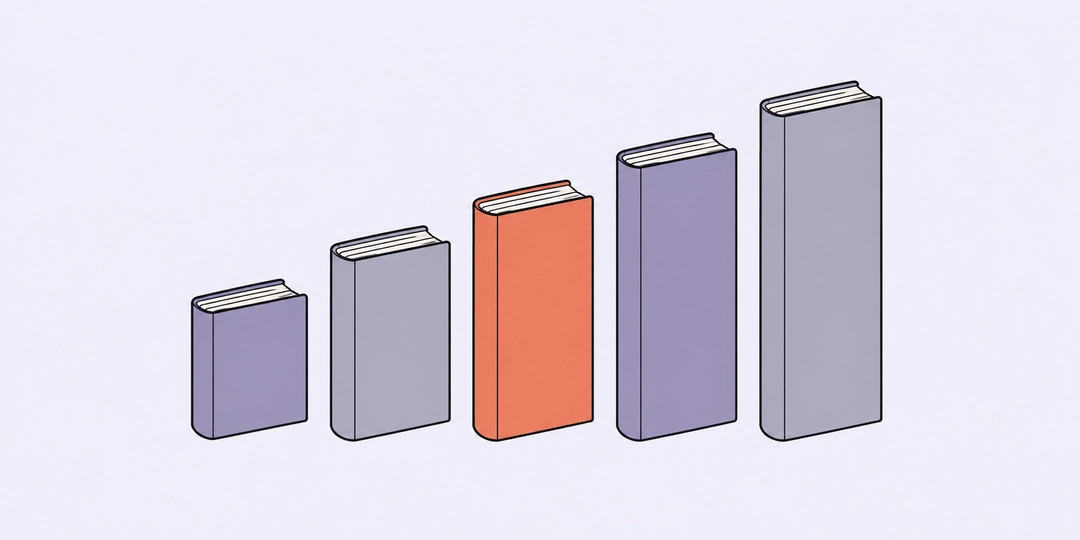 Пять книг стоят по возрастанию высоты, средняя книга выделена коралловым цветом