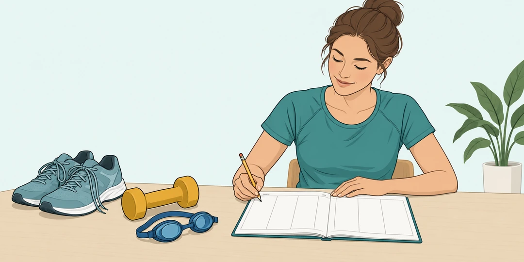 Женщина планирует активную неделю в блокноте рядом с обувью для ходьбы, гантелью и очками для плавания