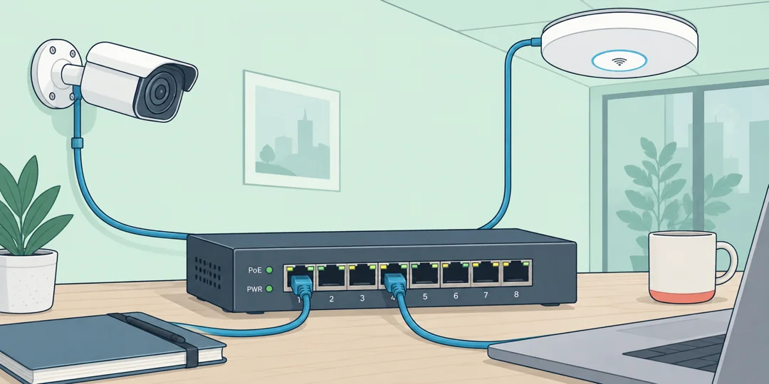 PoE-коммутатор соединён кабелями с камерой и точкой Wi-Fi