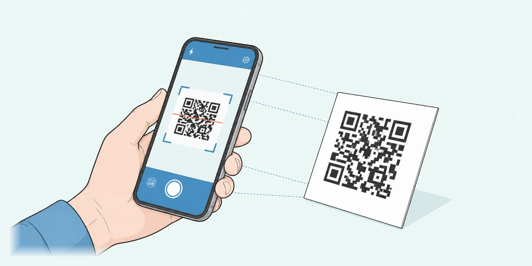 Телефон считывает QR-код со страницы, снятой под углом