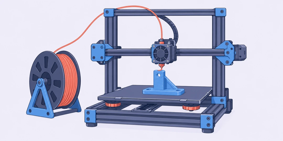 Настольный 3D-принтер печатает деталь из филамента с катушки